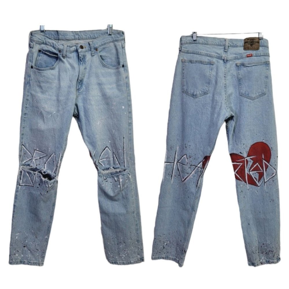 Wranglers Upcycled Broken Hearted‎ Graffiti Paint Splatter Straight Leg Jeans